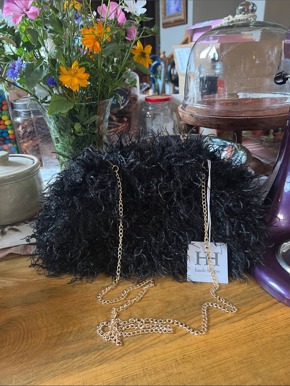 Haute Hippie Black Adorably Shaggy Chain Clutch— Spring Action open/close